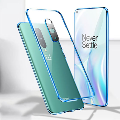 Custodia Lusso Alluminio Laterale Specchio 360 Gradi Cover T04 per OnePlus 8 Blu