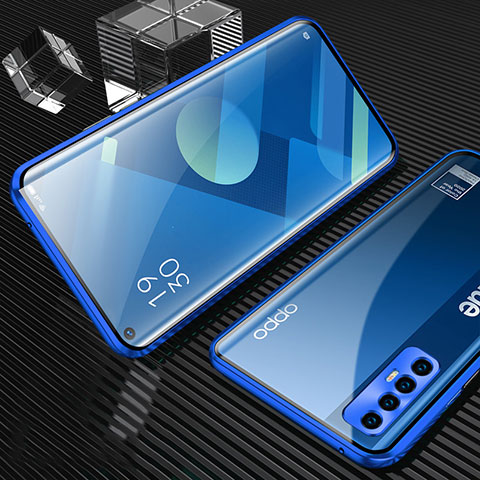 Custodia Lusso Alluminio Laterale Specchio 360 Gradi Cover T04 per Oppo Reno3 Pro Blu