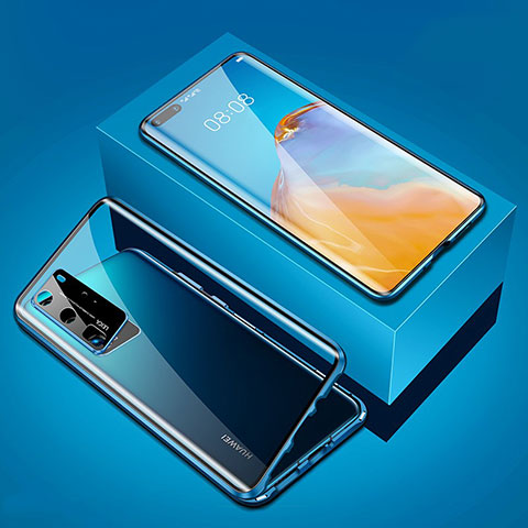 Custodia Lusso Alluminio Laterale Specchio 360 Gradi Cover T05 per Huawei P40 Pro Blu