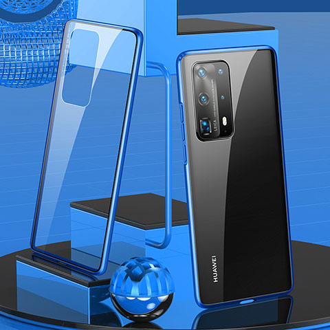 Custodia Lusso Alluminio Laterale Specchio 360 Gradi Cover T05 per Huawei P40 Pro+ Plus Blu