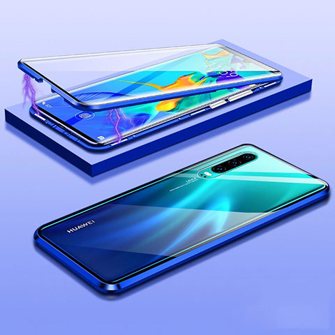 Custodia Lusso Alluminio Laterale Specchio 360 Gradi Cover T07 per Huawei P30 Blu