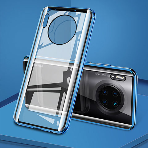 Custodia Lusso Alluminio Laterale Specchio 360 Gradi Cover T08 per Huawei Mate 30E Pro 5G Blu