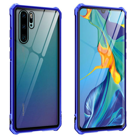 Custodia Lusso Alluminio Laterale Specchio 360 Gradi Cover T08 per Huawei P30 Pro New Edition Blu