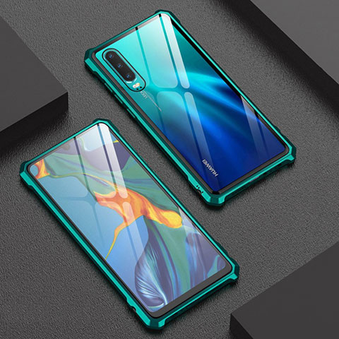 Custodia Lusso Alluminio Laterale Specchio Cover per Huawei P30 Ciano