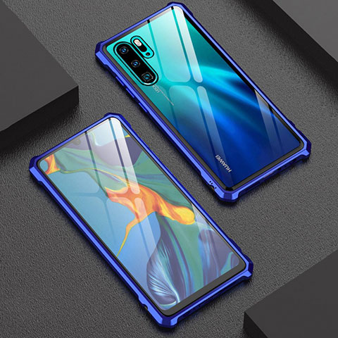 Custodia Lusso Alluminio Laterale Specchio Cover per Huawei P30 Pro New Edition Blu