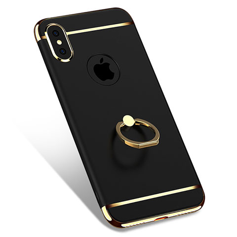 Custodia Lusso Metallo Laterale e Plastica con Anello Supporto F02 per Apple iPhone Xs Nero