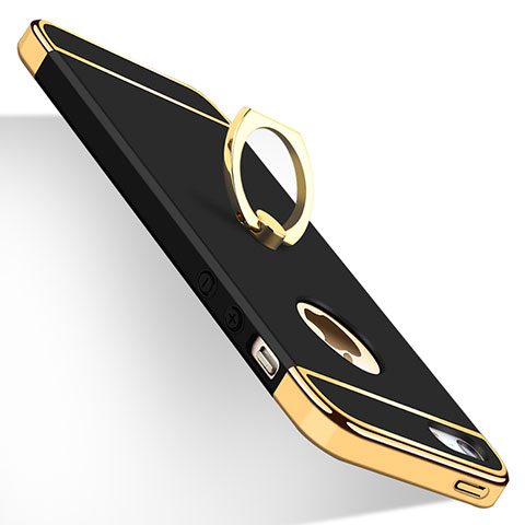 Custodia Lusso Metallo Laterale e Plastica con Anello Supporto per Apple iPhone SE Nero
