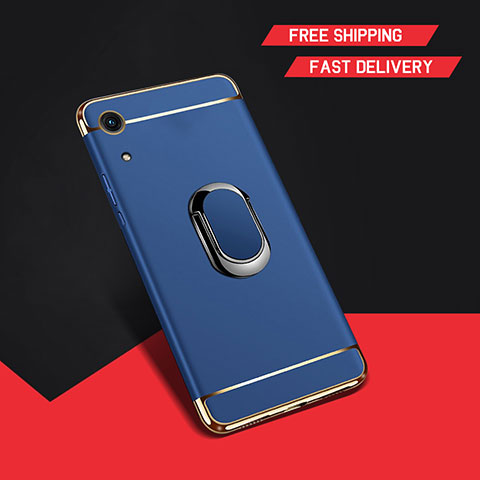 Custodia Lusso Metallo Laterale e Plastica Cover con Anello Supporto A01 per Huawei Y6 Prime (2019) Blu