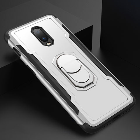 Custodia Lusso Metallo Laterale e Plastica Cover con Anello Supporto A01 per OnePlus 6T Argento