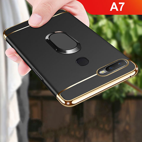 Custodia Lusso Metallo Laterale e Plastica Cover con Anello Supporto A01 per Oppo A7 Nero