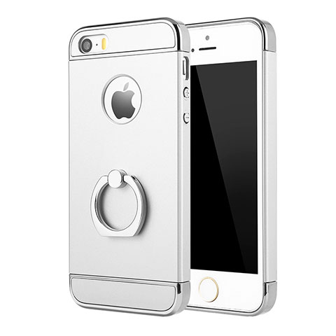 Custodia Lusso Metallo Laterale e Plastica Cover con Anello Supporto A02 per Apple iPhone 5 Argento