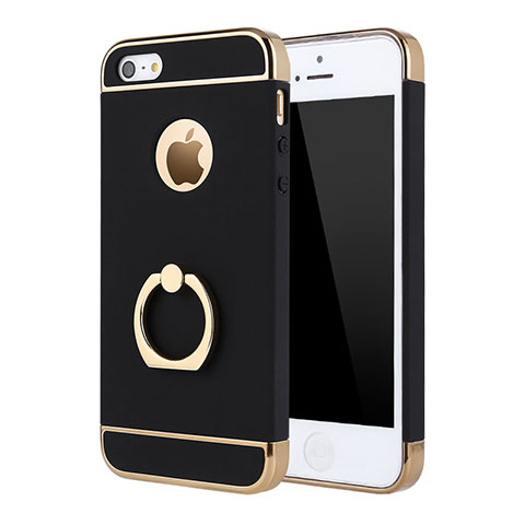 Custodia Lusso Metallo Laterale e Plastica Cover con Anello Supporto A02 per Apple iPhone 5 Nero