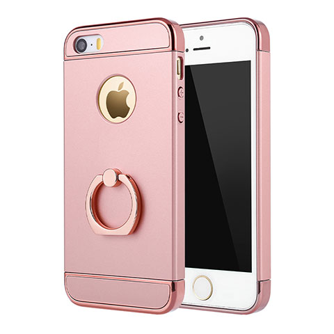 Custodia Lusso Metallo Laterale e Plastica Cover con Anello Supporto A02 per Apple iPhone 5 Rosa