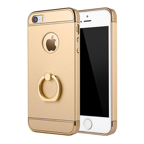 Custodia Lusso Metallo Laterale e Plastica Cover con Anello Supporto A02 per Apple iPhone 5S Oro