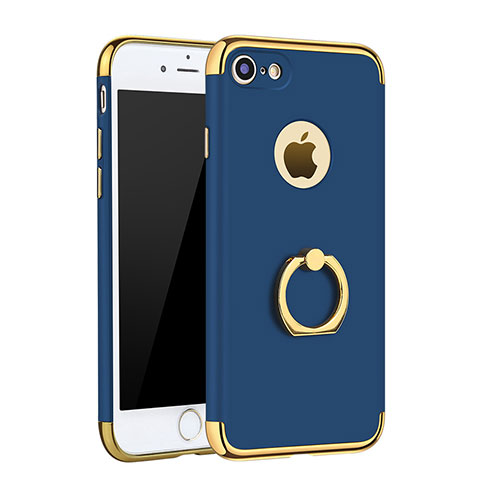Custodia Lusso Metallo Laterale e Plastica Cover con Anello Supporto A02 per Apple iPhone 7 Blu