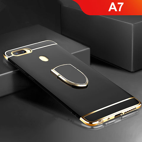 Custodia Lusso Metallo Laterale e Plastica Cover con Anello Supporto A02 per Oppo A7 Nero