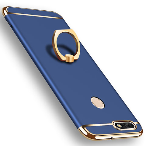 Custodia Lusso Metallo Laterale e Plastica Cover con Anello Supporto A06 per Huawei Y6 Pro (2017) Blu