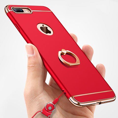 Custodia Lusso Metallo Laterale e Plastica Cover con Anello Supporto e Cordoncino A01 per Apple iPhone 7 Plus Rosso