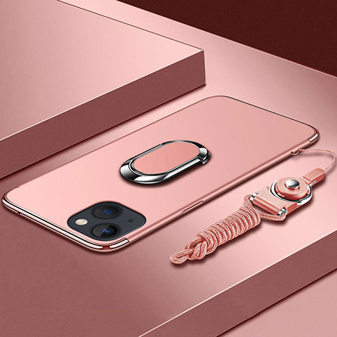 Custodia Lusso Metallo Laterale e Plastica Cover con Anello Supporto e Cordoncino per Apple iPhone 13 Mini Oro Rosa