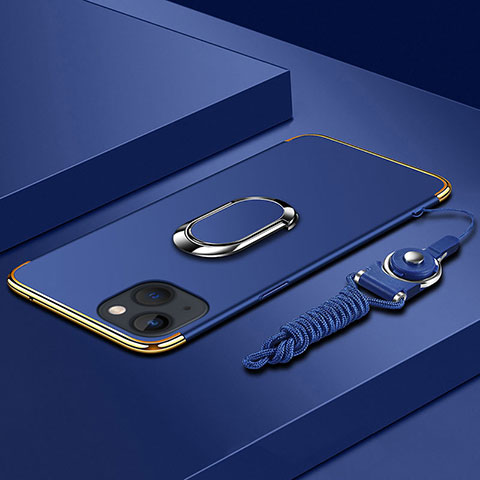Custodia Lusso Metallo Laterale e Plastica Cover con Anello Supporto e Cordoncino per Apple iPhone 14 Plus Blu