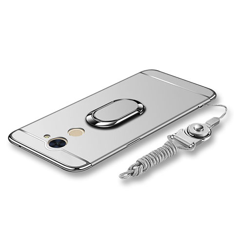 Custodia Lusso Metallo Laterale e Plastica Cover con Anello Supporto e Cordoncino per Huawei Enjoy 7 Plus Argento