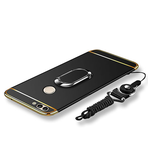 Custodia Lusso Metallo Laterale e Plastica Cover con Anello Supporto e Cordoncino per Huawei Enjoy 7S Nero