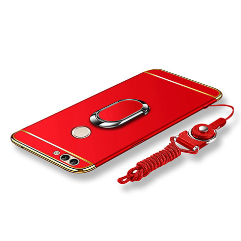 Custodia Lusso Metallo Laterale e Plastica Cover con Anello Supporto e Cordoncino per Huawei Enjoy 7S Rosso