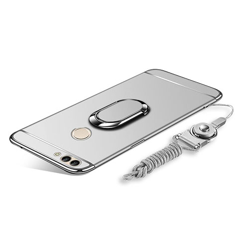 Custodia Lusso Metallo Laterale e Plastica Cover con Anello Supporto e Cordoncino per Huawei Enjoy 8 Plus Argento