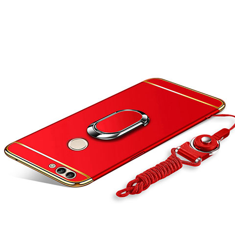 Custodia Lusso Metallo Laterale e Plastica Cover con Anello Supporto e Cordoncino per Huawei Enjoy 8 Plus Rosso