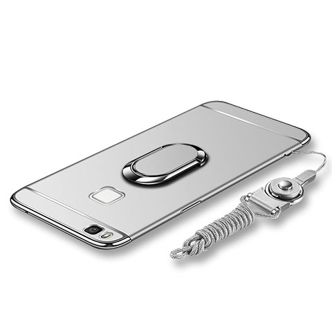 Custodia Lusso Metallo Laterale e Plastica Cover con Anello Supporto e Cordoncino per Huawei G9 Lite Argento