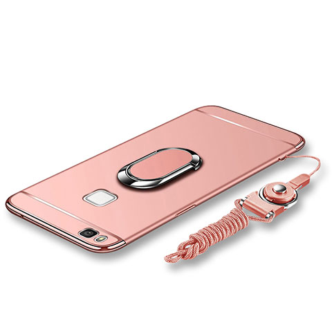 Custodia Lusso Metallo Laterale e Plastica Cover con Anello Supporto e Cordoncino per Huawei G9 Lite Oro Rosa