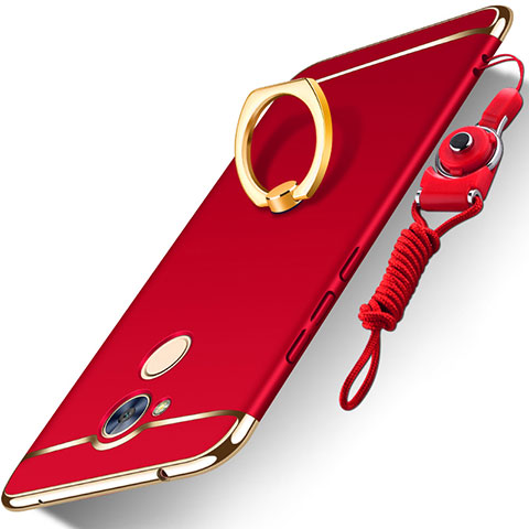 Custodia Lusso Metallo Laterale e Plastica Cover con Anello Supporto e Cordoncino per Huawei Honor 6A Rosso