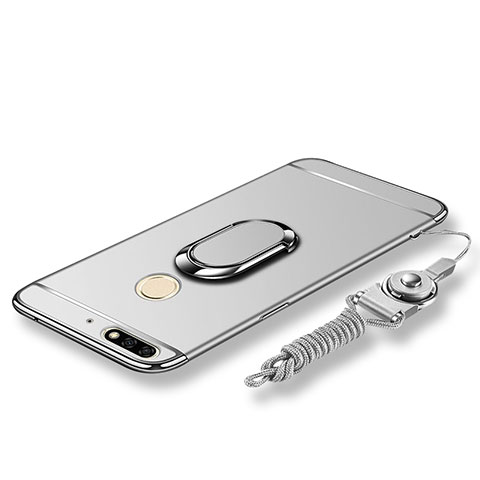 Custodia Lusso Metallo Laterale e Plastica Cover con Anello Supporto e Cordoncino per Huawei Honor 7C Argento