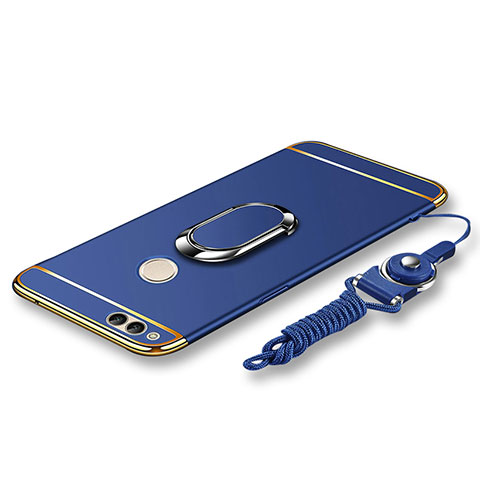 Custodia Lusso Metallo Laterale e Plastica Cover con Anello Supporto e Cordoncino per Huawei Honor 7X Blu