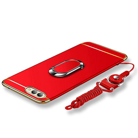 Custodia Lusso Metallo Laterale e Plastica Cover con Anello Supporto e Cordoncino per Huawei Honor V10 Rosso