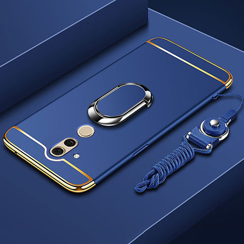 Custodia Lusso Metallo Laterale e Plastica Cover con Anello Supporto e Cordoncino per Huawei Mate 20 Lite Blu