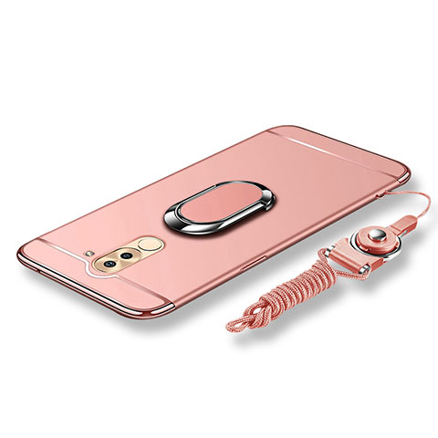 Custodia Lusso Metallo Laterale e Plastica Cover con Anello Supporto e Cordoncino per Huawei Mate 9 Lite Oro Rosa