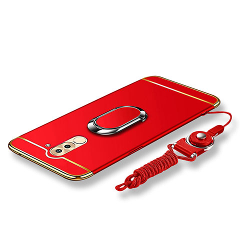 Custodia Lusso Metallo Laterale e Plastica Cover con Anello Supporto e Cordoncino per Huawei Mate 9 Lite Rosso