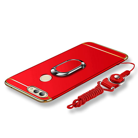 Custodia Lusso Metallo Laterale e Plastica Cover con Anello Supporto e Cordoncino per Huawei Nova 2 Plus Rosso