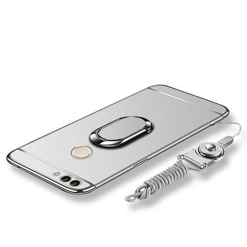 Custodia Lusso Metallo Laterale e Plastica Cover con Anello Supporto e Cordoncino per Huawei P Smart Argento