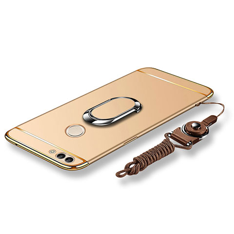 Custodia Lusso Metallo Laterale e Plastica Cover con Anello Supporto e Cordoncino per Huawei P Smart Oro