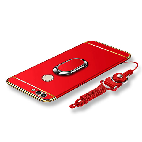 Custodia Lusso Metallo Laterale e Plastica Cover con Anello Supporto e Cordoncino per Huawei P Smart Rosso