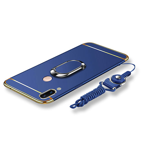 Custodia Lusso Metallo Laterale e Plastica Cover con Anello Supporto e Cordoncino per Huawei P20 Lite Blu