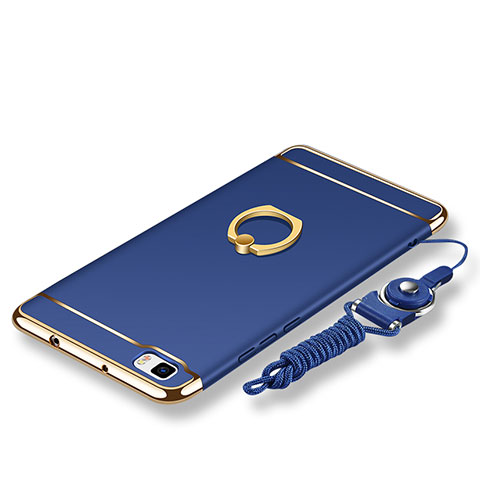 Custodia Lusso Metallo Laterale e Plastica Cover con Anello Supporto e Cordoncino per Huawei P8 Lite Blu
