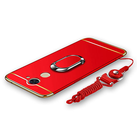 Custodia Lusso Metallo Laterale e Plastica Cover con Anello Supporto e Cordoncino per Huawei Y7 Prime Rosso