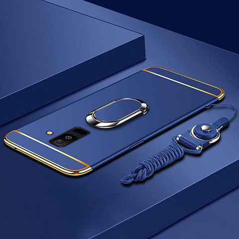 Custodia Lusso Metallo Laterale e Plastica Cover con Anello Supporto e Cordoncino per Samsung Galaxy A6 Plus (2018) Blu