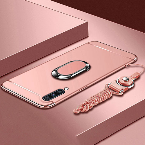 Custodia Lusso Metallo Laterale e Plastica Cover con Anello Supporto e Cordoncino per Samsung Galaxy A70 Oro Rosa