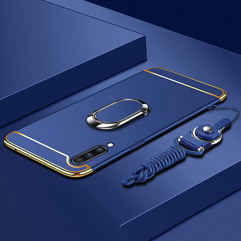 Custodia Lusso Metallo Laterale e Plastica Cover con Anello Supporto e Cordoncino per Samsung Galaxy A90 5G Blu