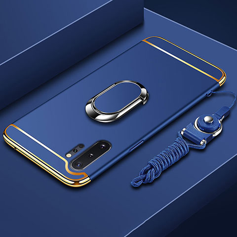 Custodia Lusso Metallo Laterale e Plastica Cover con Anello Supporto T01 per Samsung Galaxy Note 10 Plus 5G Blu