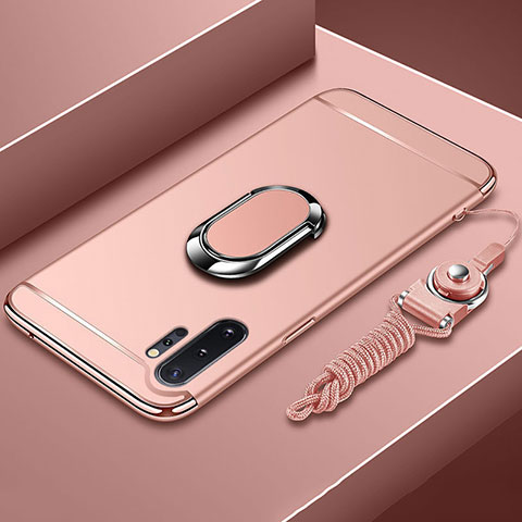 Custodia Lusso Metallo Laterale e Plastica Cover con Anello Supporto T01 per Samsung Galaxy Note 10 Plus Oro Rosa